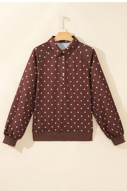 Brown Polka Dot Print Metal Button Collar Casual Pullover Sweatshirt