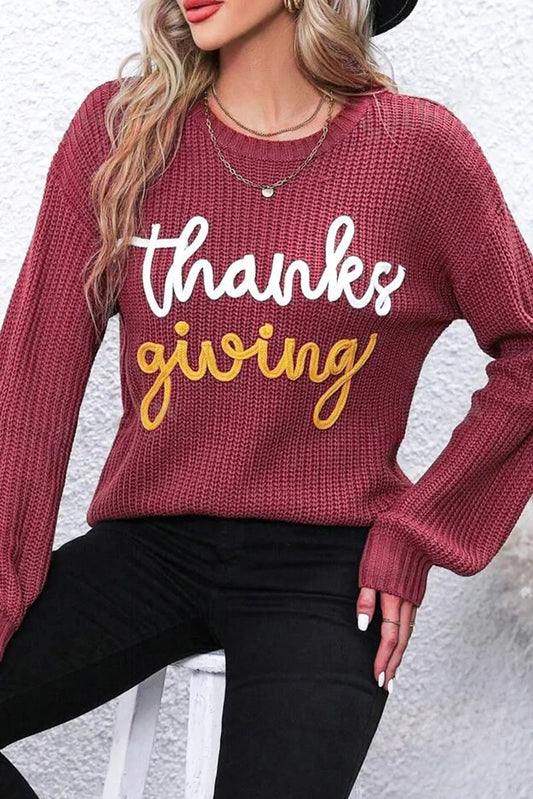 Red Sandalwood Thanks Giving Letter Graphic Crew Neck Sweater - Chic Meadow Boutique 