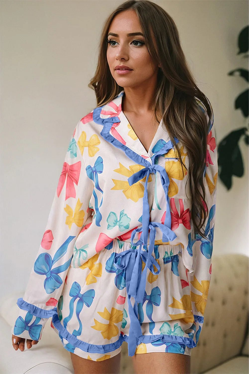 Sky Blue Bow Print Tied Ruffled Pajama Set - Chic Meadow Boutique 