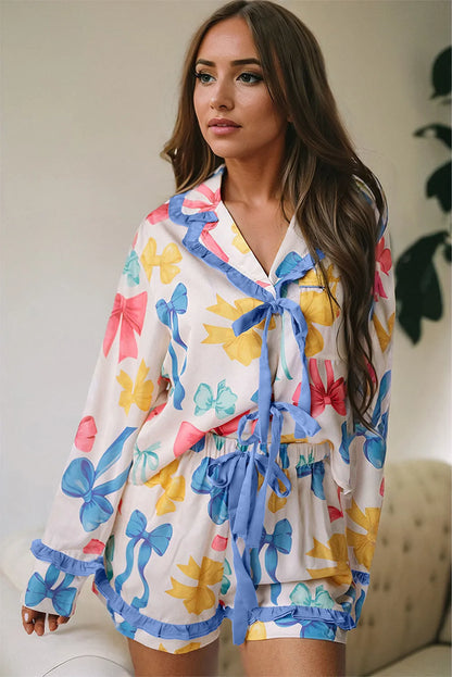 Sky Blue Bow Print Tied Ruffled Pajama Set - Chic Meadow Boutique 