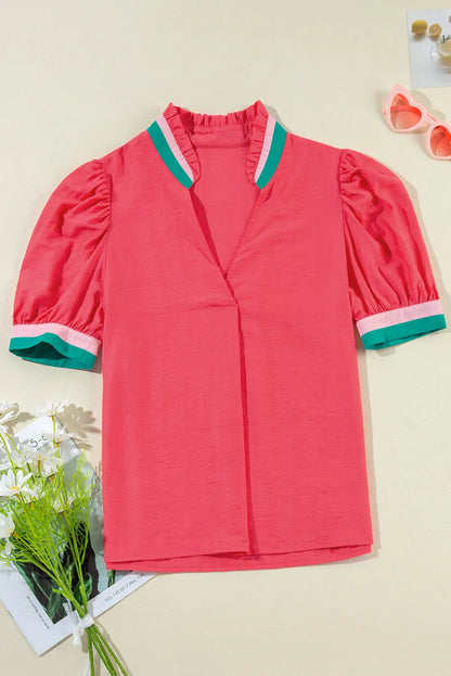 Carrot Colorful Trim V Neck Short Sleeve Blouse - Chic Meadow Boutique 