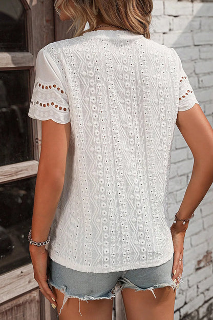 White Eyelet Embroidery Scalloped Short Sleeve Top - Chic Meadow Boutique 