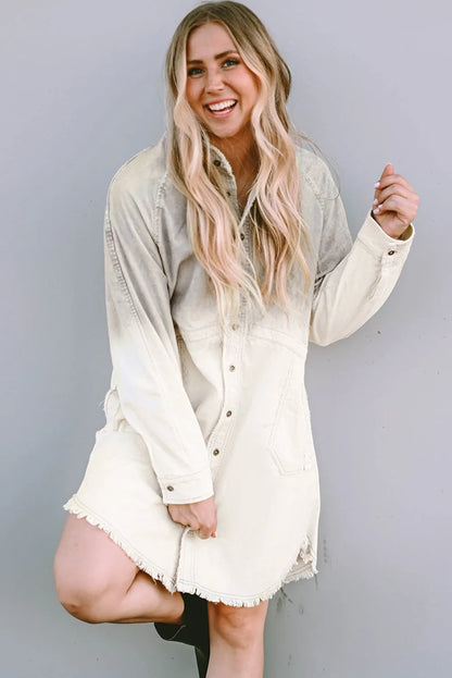 Gray Gradient Long Sleeve Button Up Raw Hem Denim Dress - Chic Meadow Boutique 