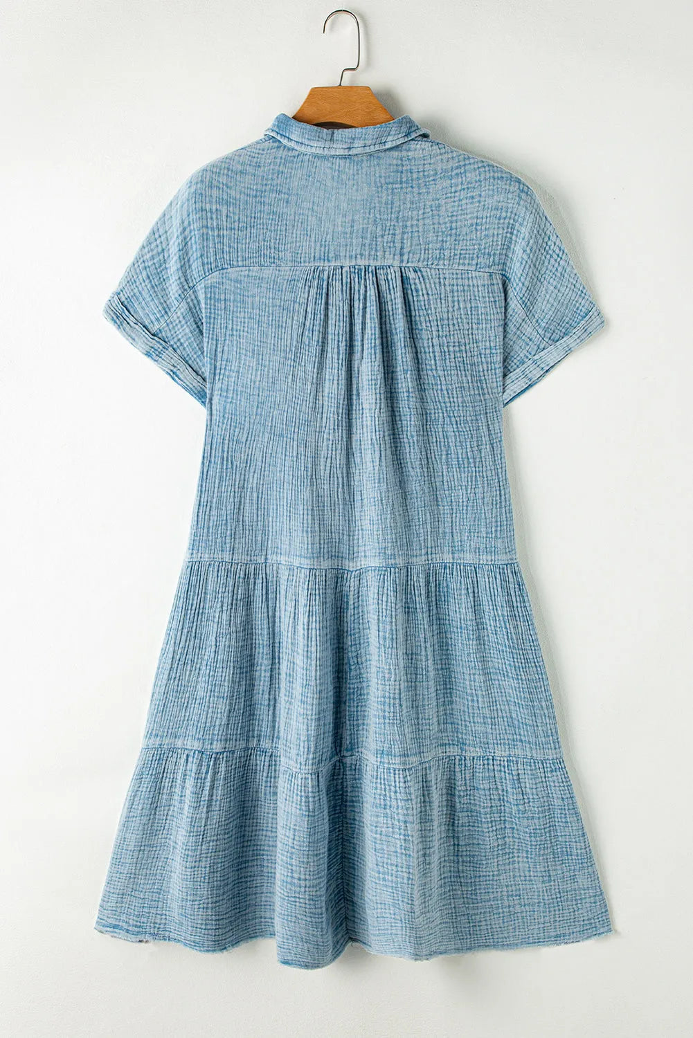 Beau Blue Mineral Wash Crinkle Split Neck Raw Hem Tiered Dress - Chic Meadow Boutique 