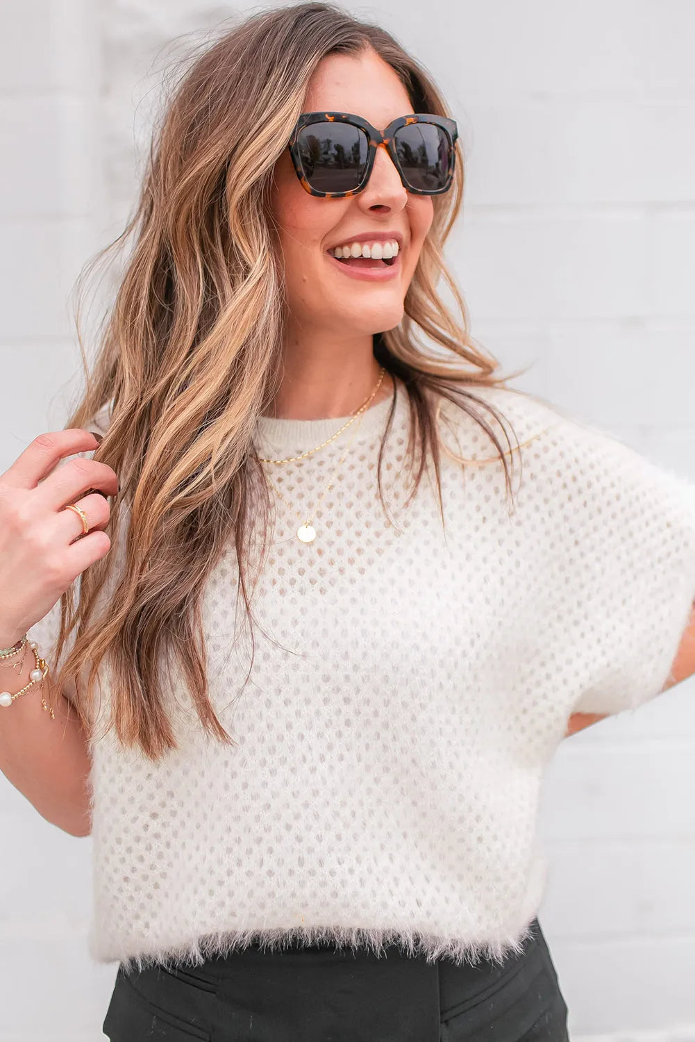 White Fuzzy Eyelet Knitted Sweater T-shirt - Chic Meadow Boutique 