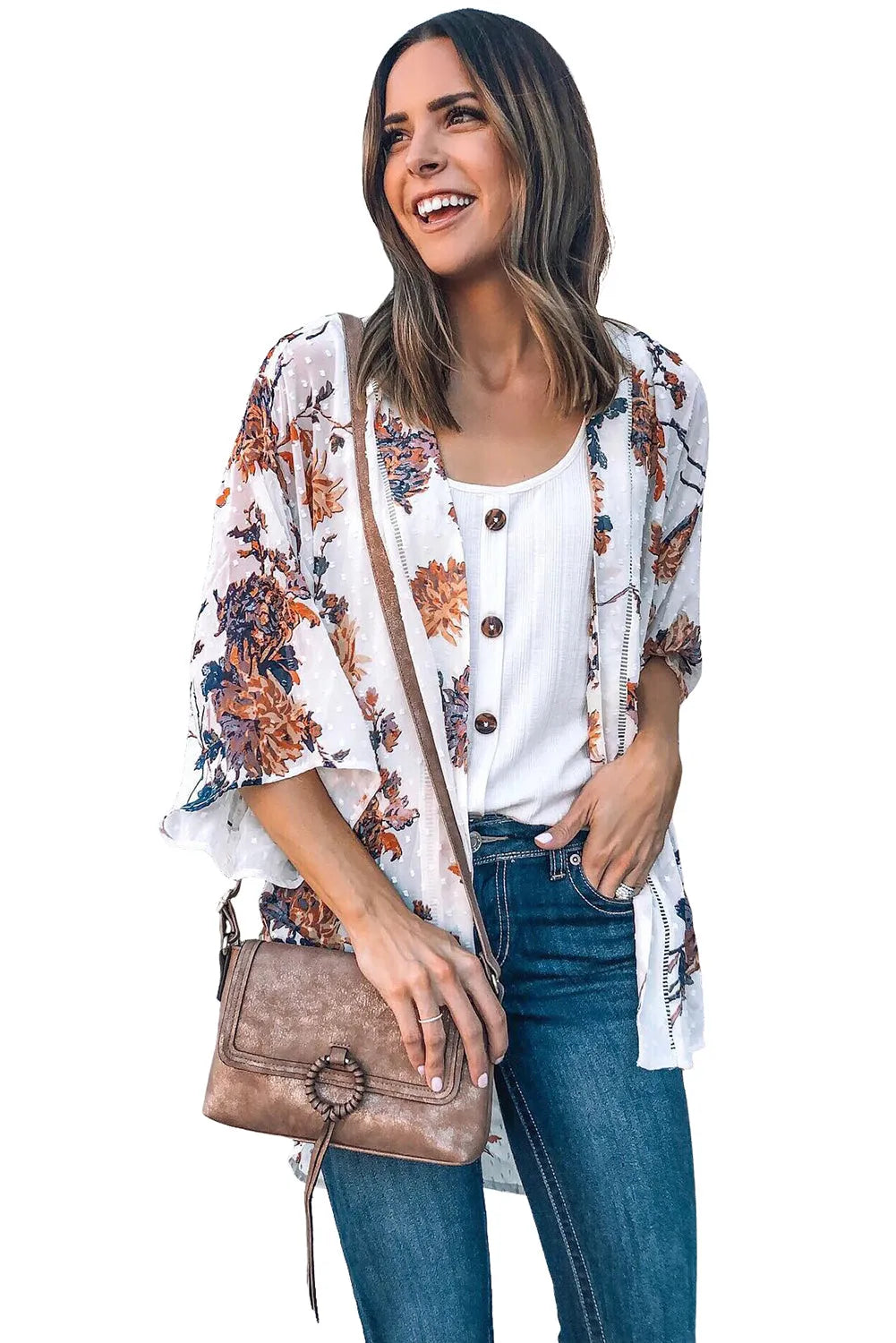 White Floral Print Open Front Bell Sleeve kimono - Chic Meadow Boutique 