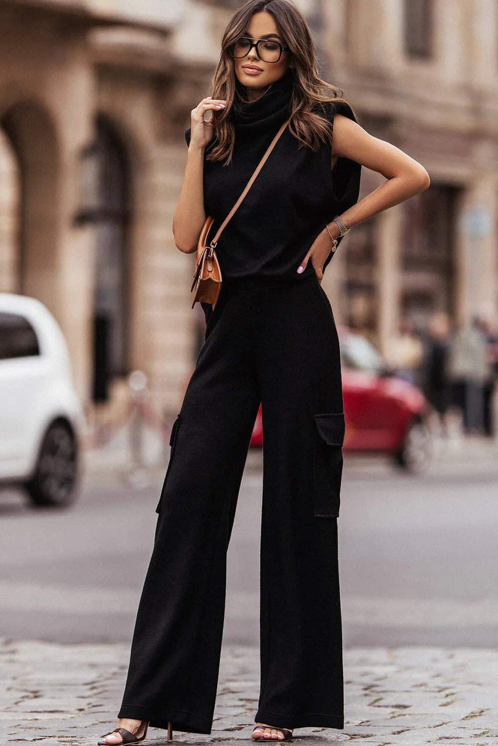 Black High Neck Sleeveless Vest and Cargo Pants Outfit - Chic Meadow Boutique 