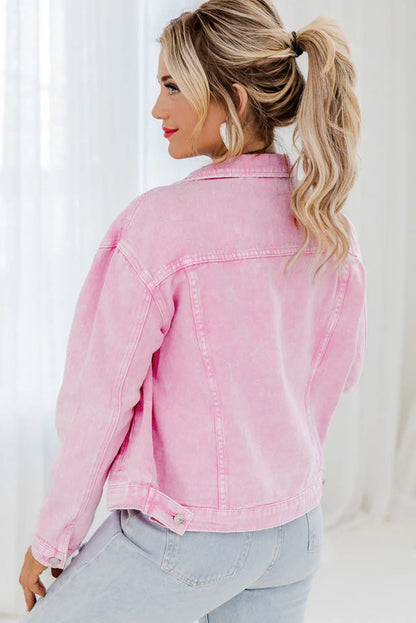 Pink Acid Wash Button Flap Pocket Denim Jacket - Chic Meadow Boutique 