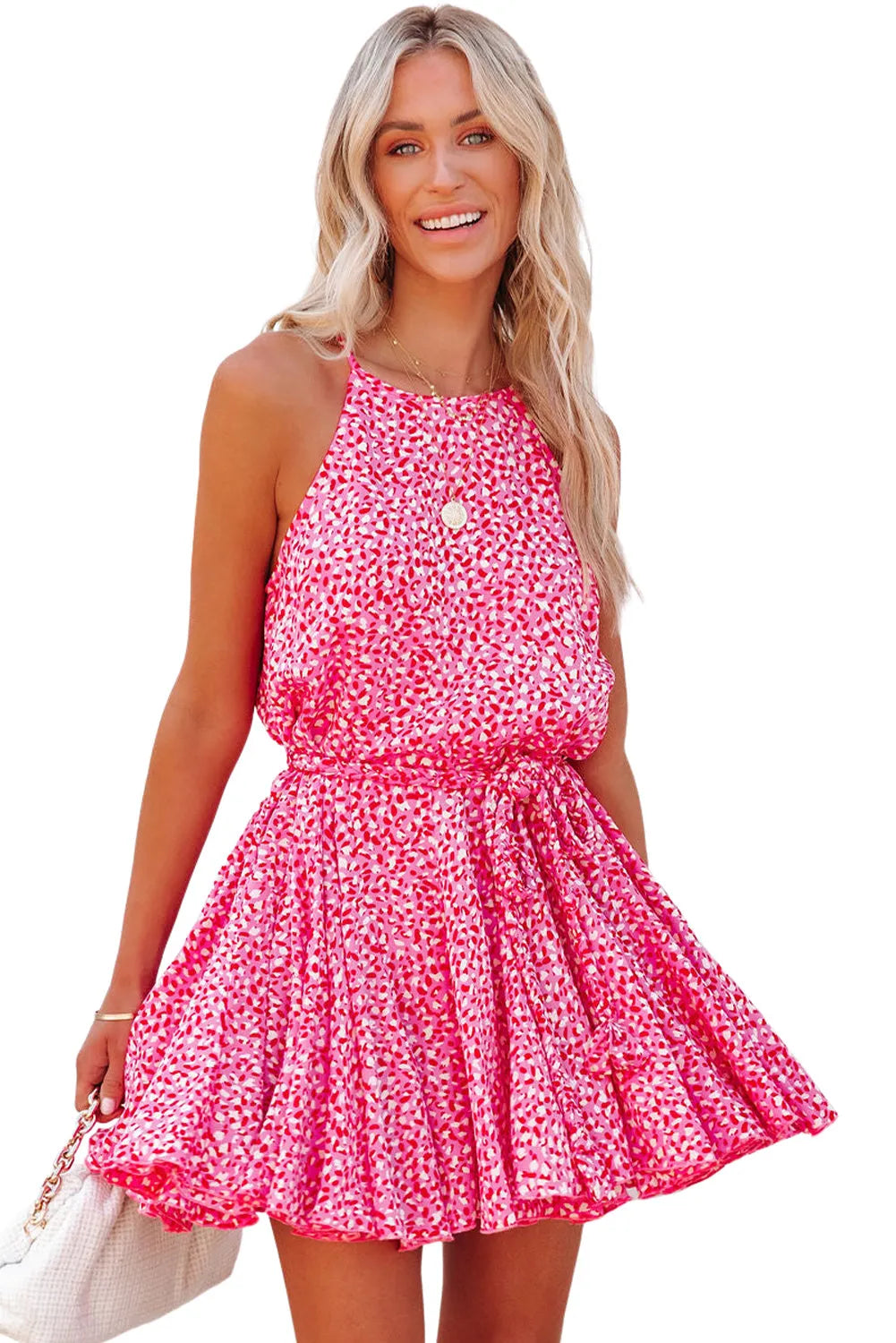 Pink Leopard Print Sleeveless Mini Dress with Waist Tie - Chic Meadow Boutique 