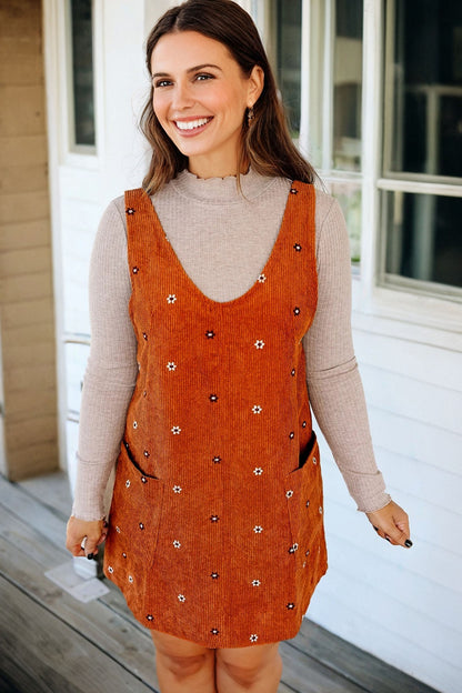 Gold Flame Flower Embroidered Corduroy Overall Mini Dress