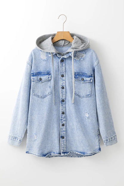 Mist Blue Oversized Contrast Hooded Denim Jacket - Chic Meadow Boutique 