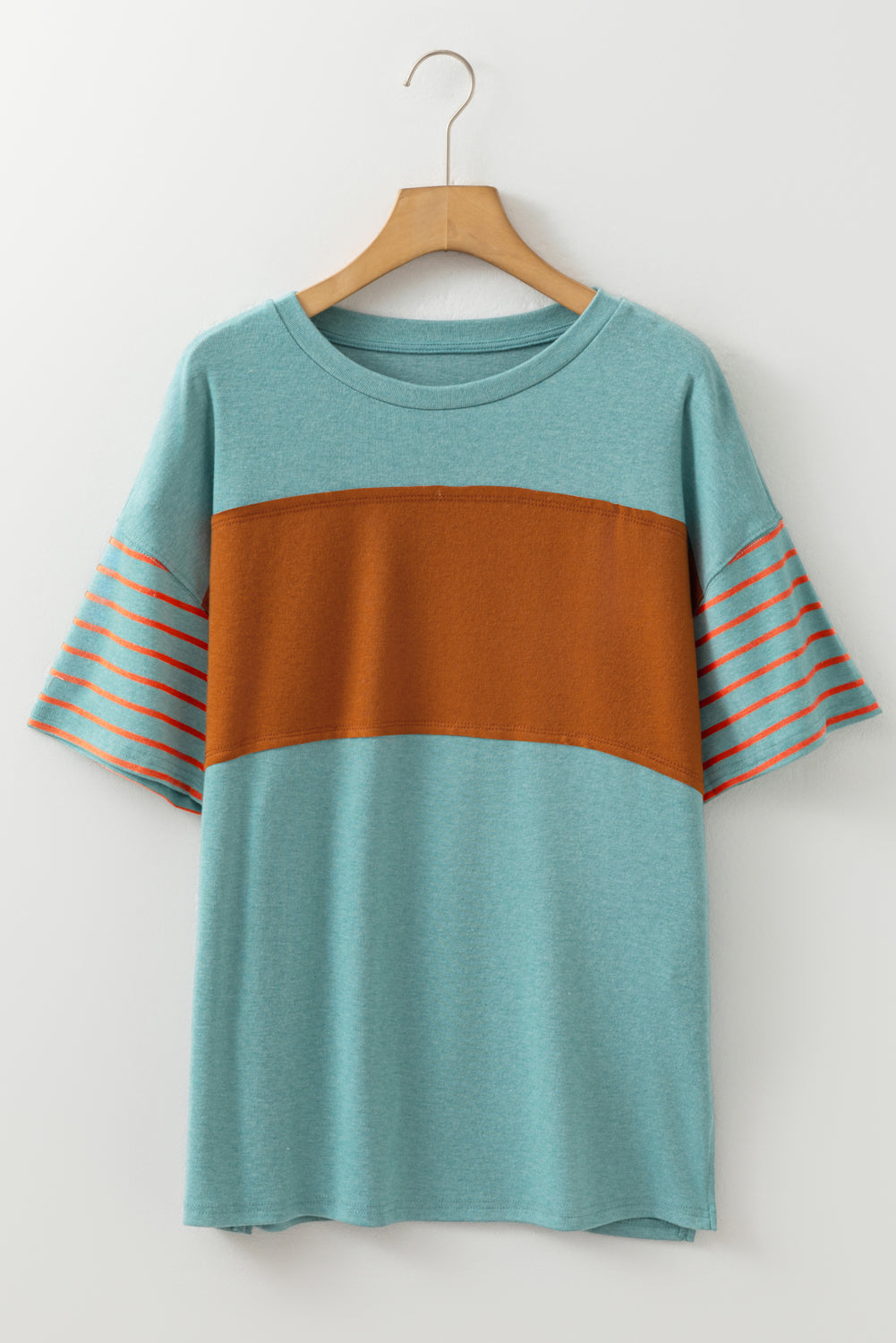 Mint Green Color Block Striped Detail Loose T Shirt