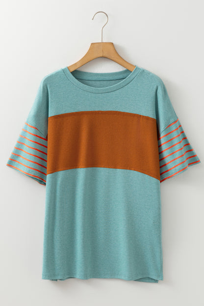 Mint Green Color Block Striped Detail Loose T Shirt
