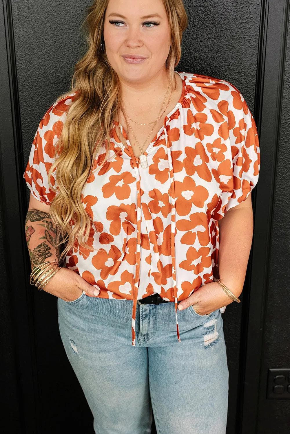 Plus Size/Plus Size Tops/Plus Size Blouses & Shirts Orange Plus Size Floral Print Drawstring V Neck Short Sleeve Blouse