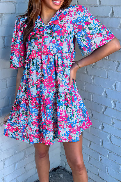 Multicolour Floral Short Sleeve V Neck Tiered Mini Dress - Chic Meadow Boutique 