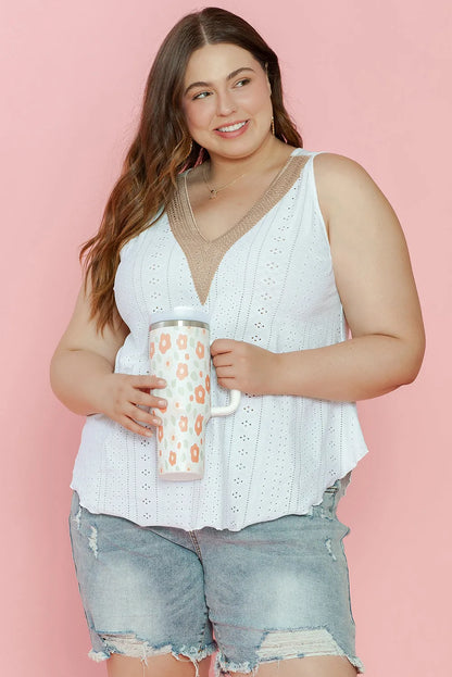 White Plus Size Guipure V Neck Eyelet Lace Tank Top - Chic Meadow Boutique 