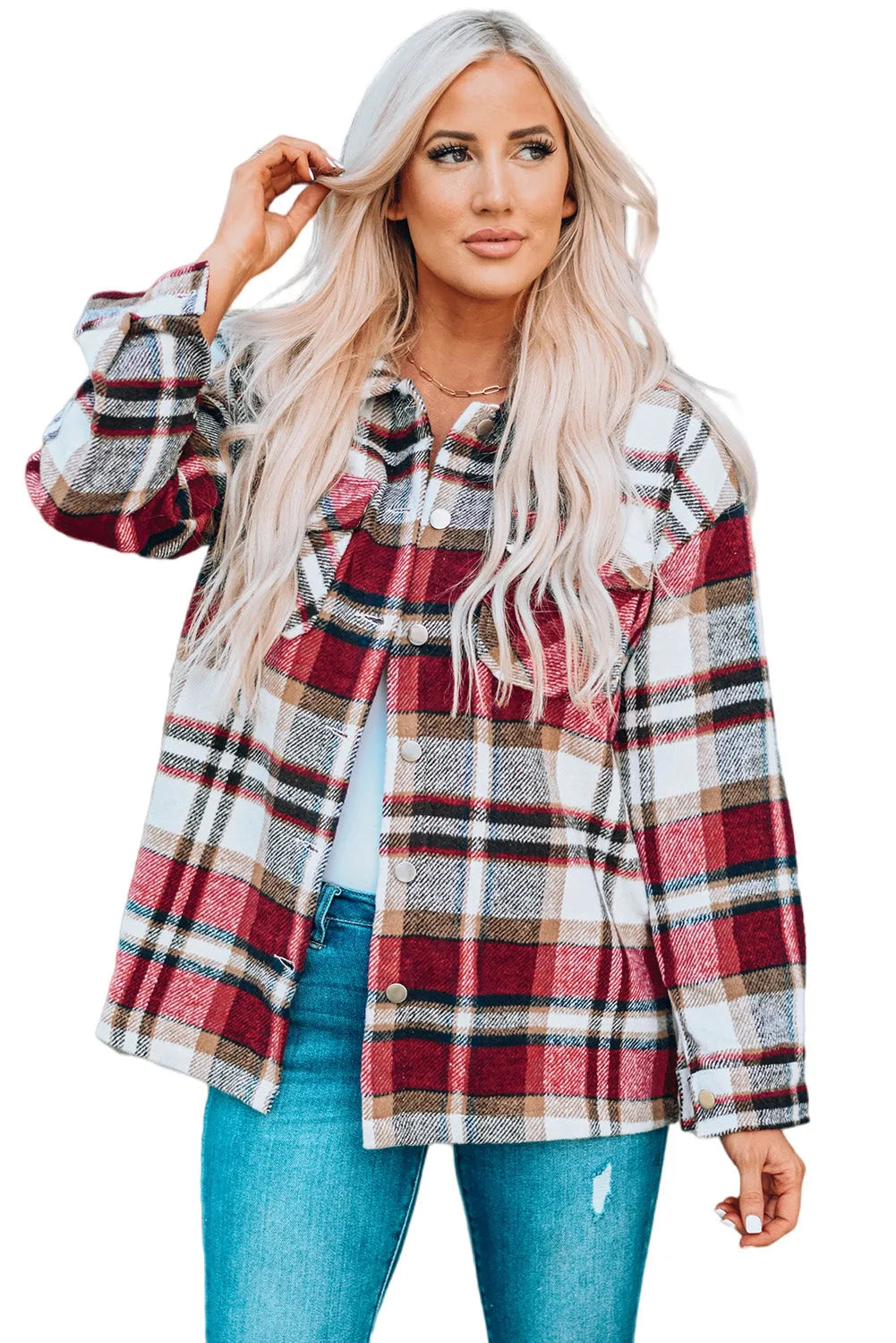 Fiery Red Geometric Plaid Print Pocketed Shacket - Chic Meadow Boutique 