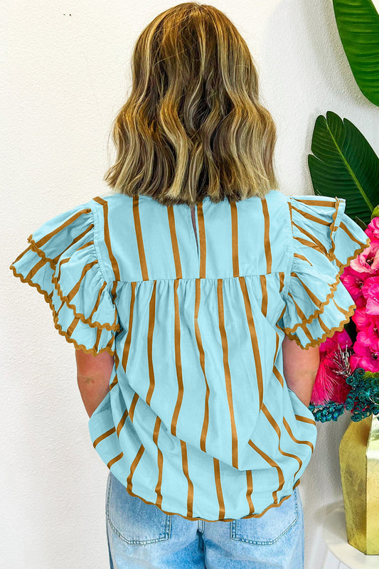 Sky Blue Stripe Ricrac Trim Double Ruffled Short Sleeve V Neck Blouse