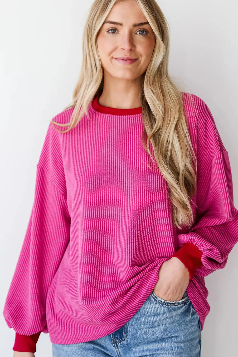 Bright Pink Corded Contrast Edge Drop Shoulder Long Sleeve Top - Chic Meadow Boutique 