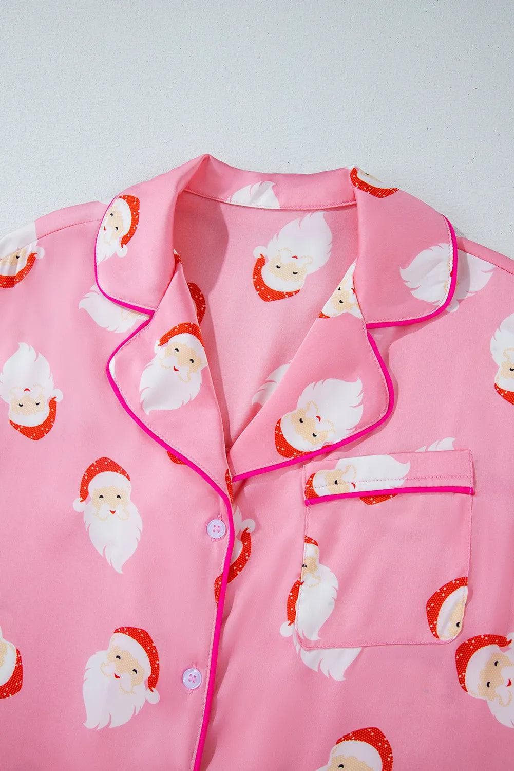 Loungewear & Sleepwear/Sleepwear Pink Christmas Santa Claus Print Satin Shirt and Shorts Set