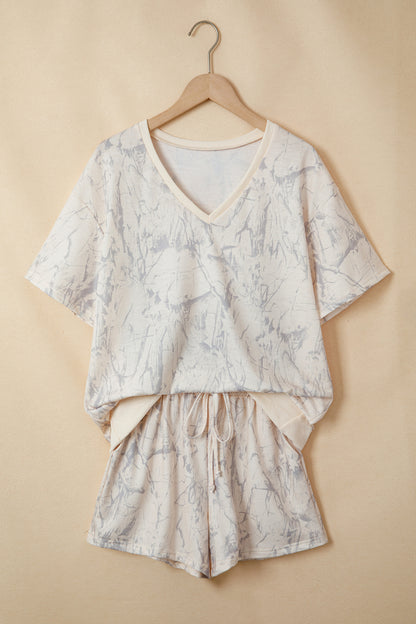 Khaki Abstract Print V Neck Loose Tee Drawstring Shorts 2pcs Outfit