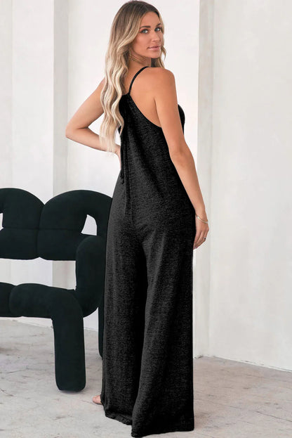 Black Patch Pockets Spaghetti Strap Wide Leg Jumpsuit - Chic Meadow Boutique 