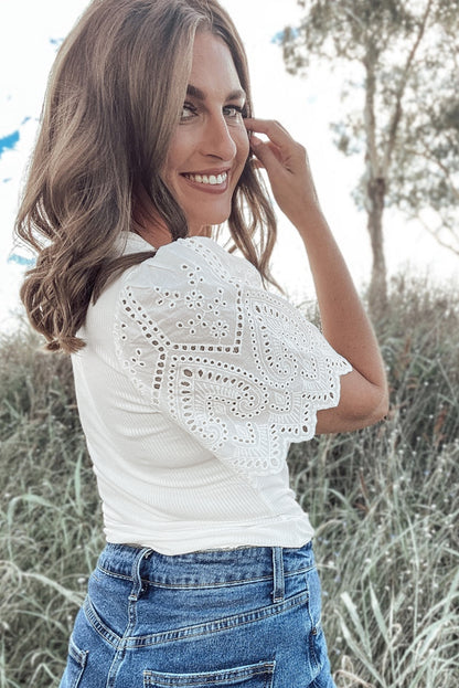 White Eyelet Pattern Short Sleeve Patchwork Ribbed Top