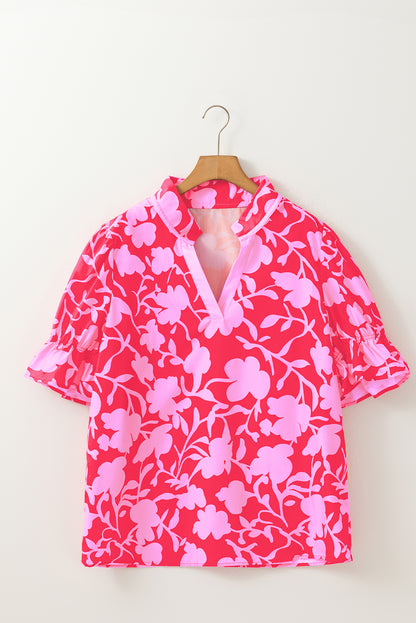 Red Floral Split V Neck Ruffled Short Sleeve Blouse Top
