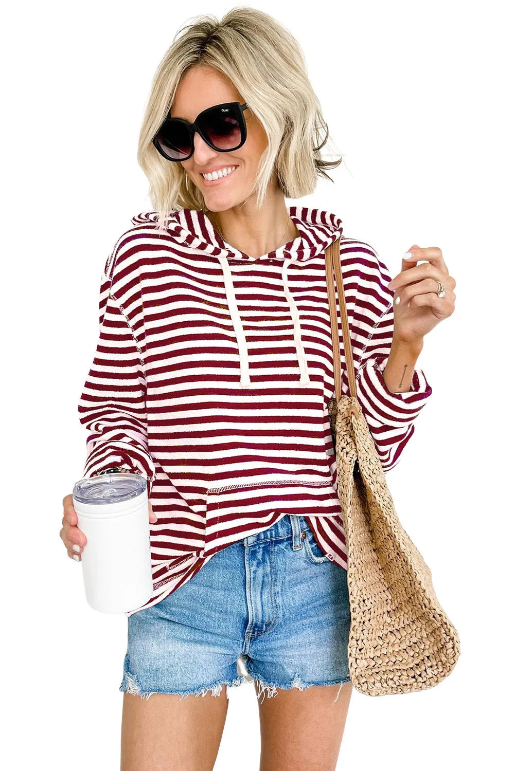 Burgundy Stripe Kangaroo Pocket Drawstring Hoodie - Chic Meadow Boutique 