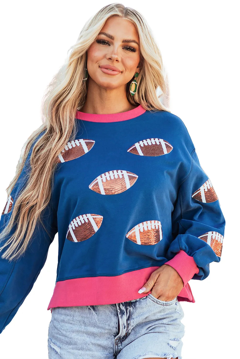 Blue Sequin Rugby Color Block Bubble Sleeve Sweatshirt - Chic Meadow Boutique 