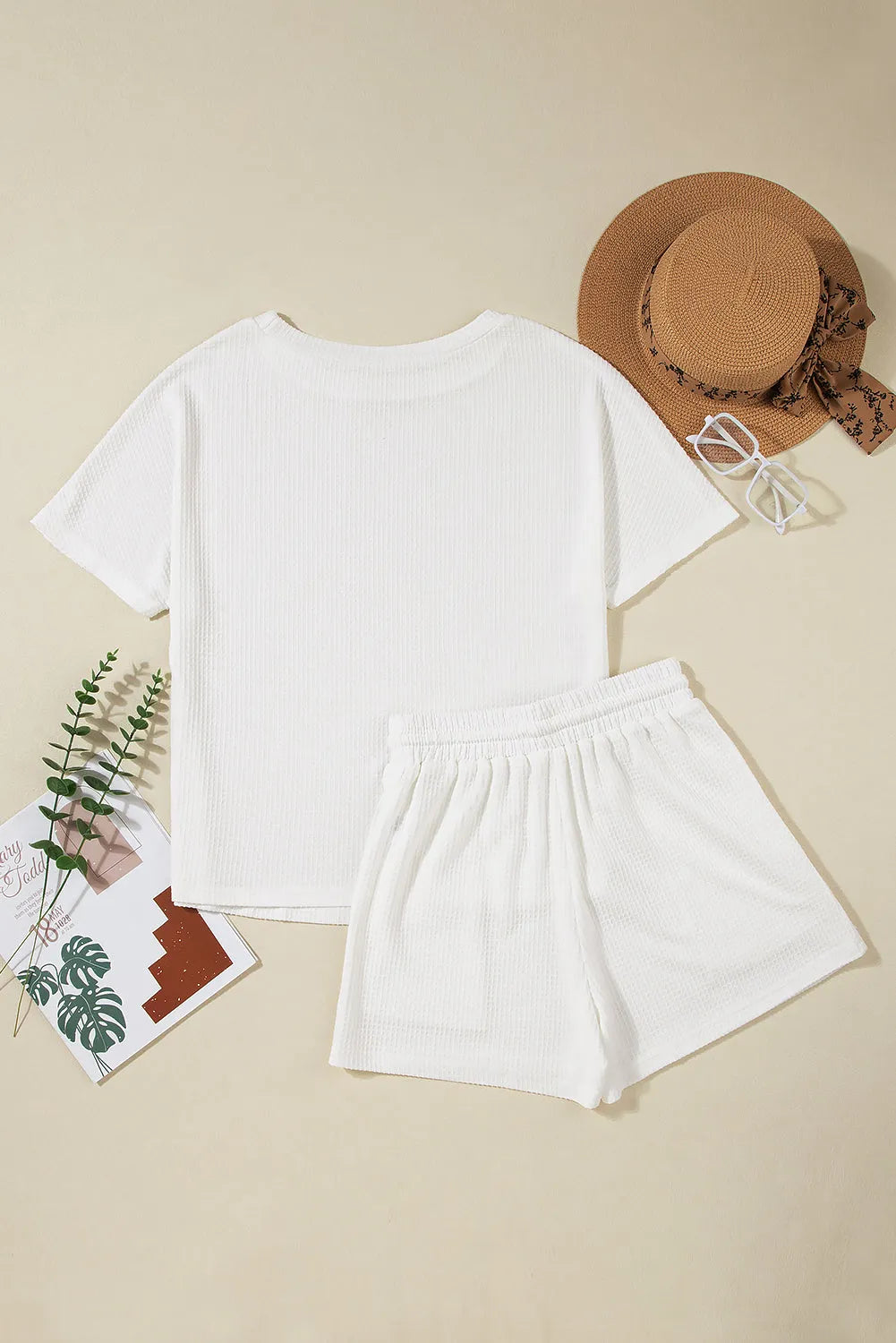 Two Piece Sets/Short Sets White Casual Textured Tee and Drawstring Shorts Set