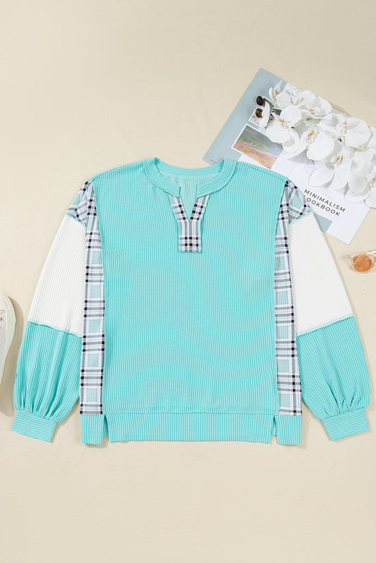 Aruba Blue Twist Ribbed Color Block Plaid Patchwork Plus Size Long Sleeve Top