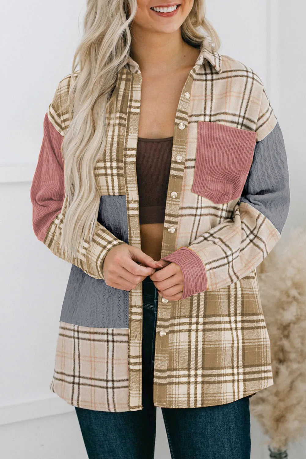 Pink Plaid Color Block Patchwork Shirt Jacket with Pocket - Chic Meadow Boutique 