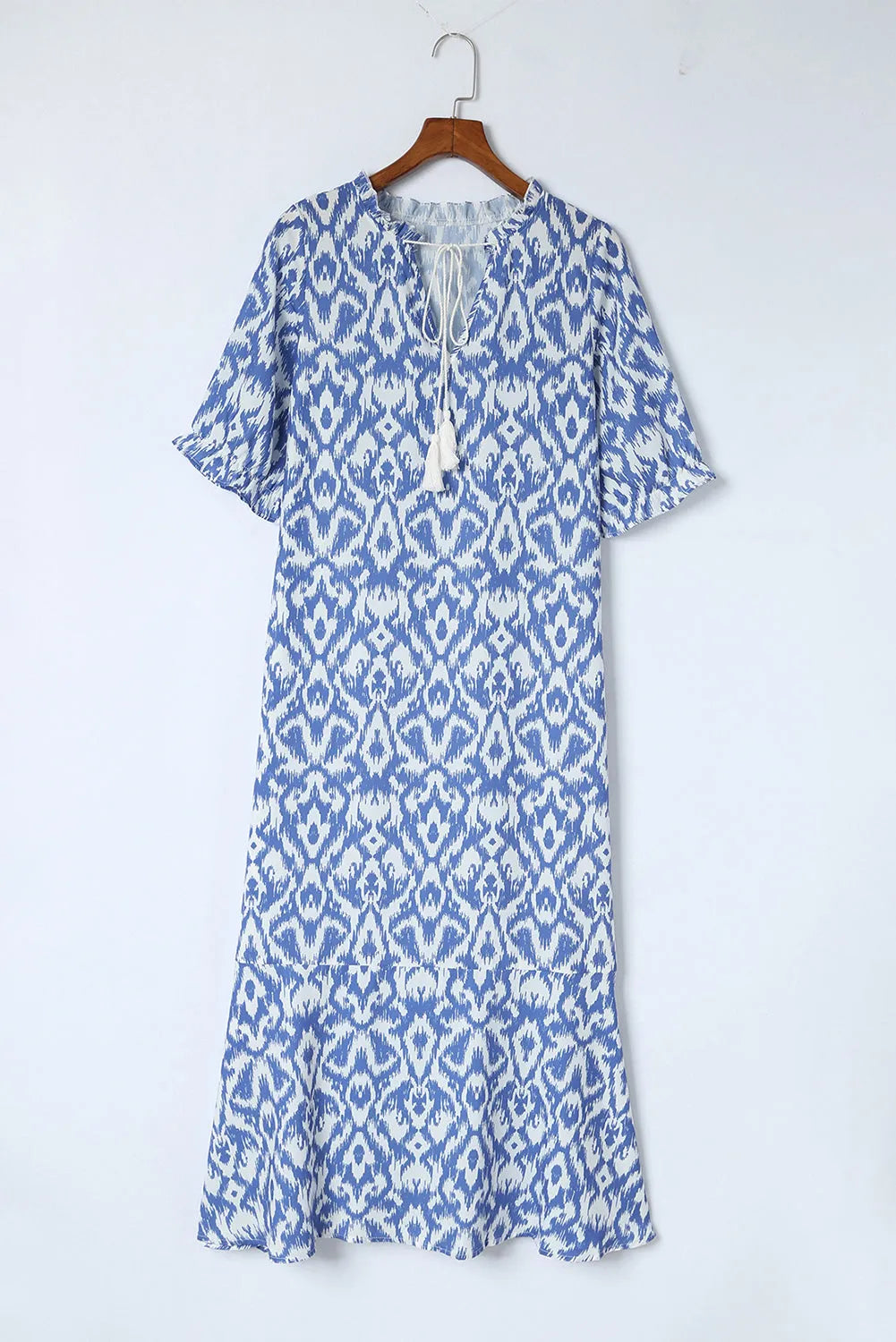 Sky Blue V Neck Casual Geometric Print Maxi Dress - Chic Meadow Boutique 