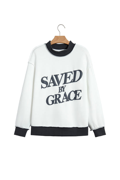 Beige Saved By Grace Print Color Block Mock Neck Oversized Sweatshirt