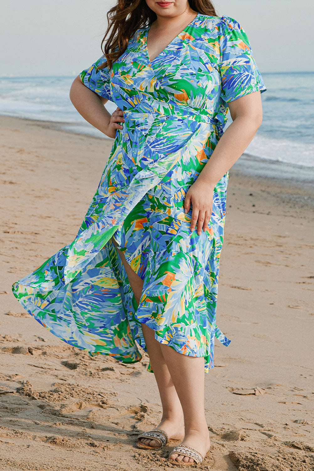 Green Leaves Print Short Sleeve Surplice Neck Ruffled Trim Plus Size Maxi Dress