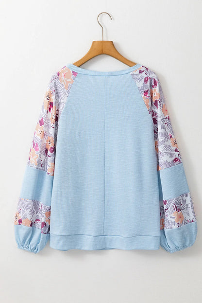 Beau Blue Textured Floral Patchwork Balloon Sleeve Blouse - Chic Meadow Boutique 