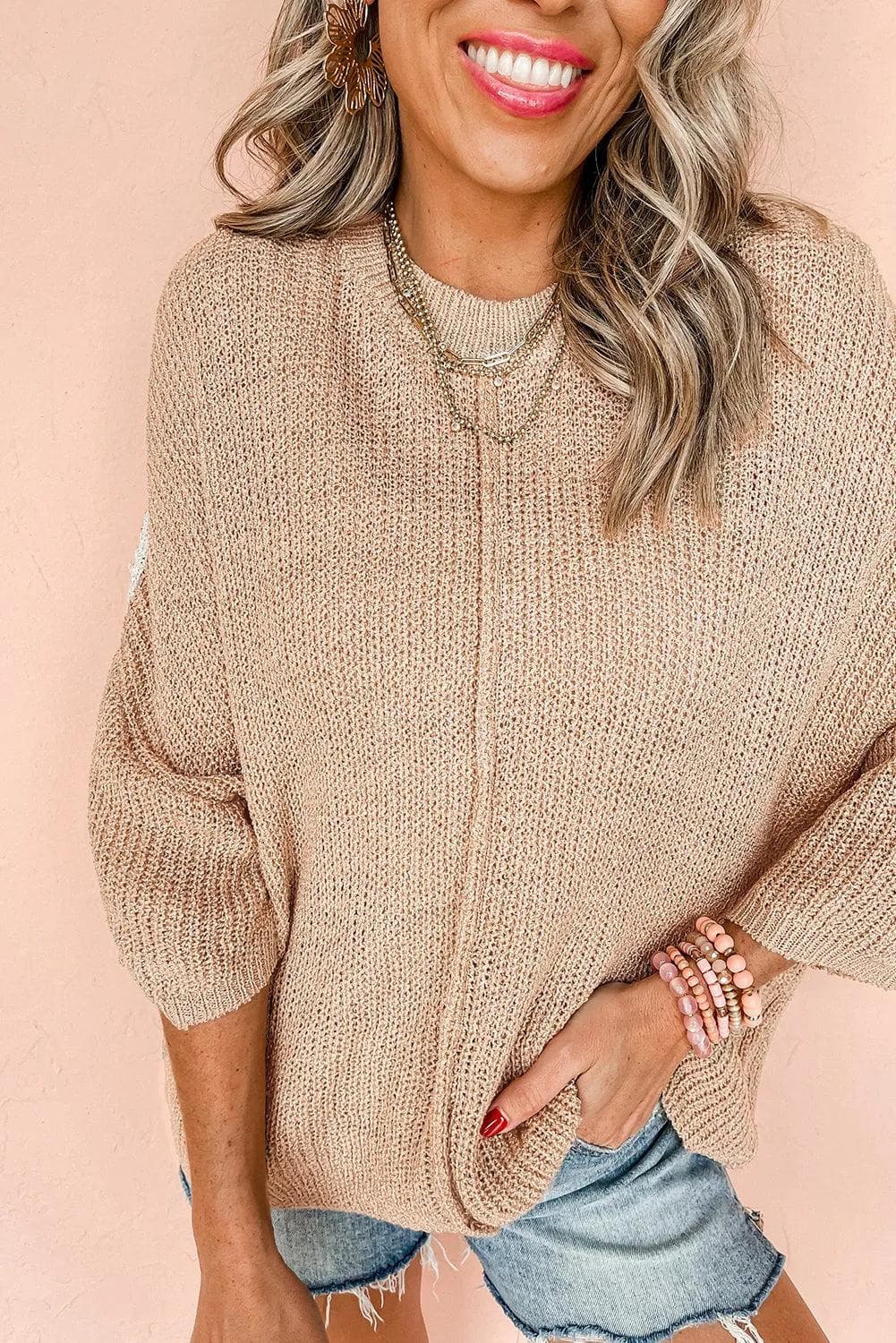 Sweaters & Cardigans/Sweaters Light French Beige Contrast Striped 3/4 Sleeve Crew Neck Sweater