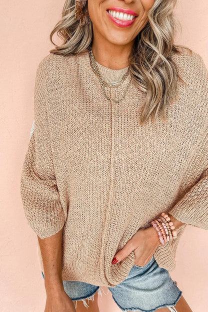 Sweaters & Cardigans/Sweaters Light French Beige Contrast Striped 3/4 Sleeve Crew Neck Sweater