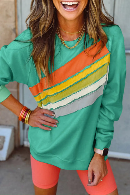 Mint Green Rainbow Colorblock Striped Pullover Sweatshirt - Chic Meadow Boutique 