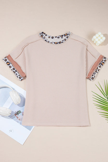 Jet Stream Leopard Patchwork Corded Knit Crew Neck T Shirt