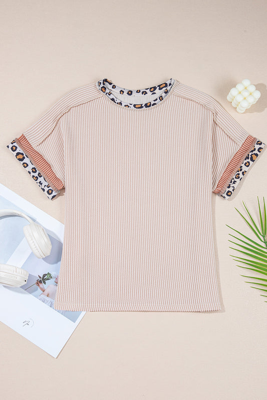 Jet Stream Leopard Patchwork Corded Knit Crew Neck T Shirt