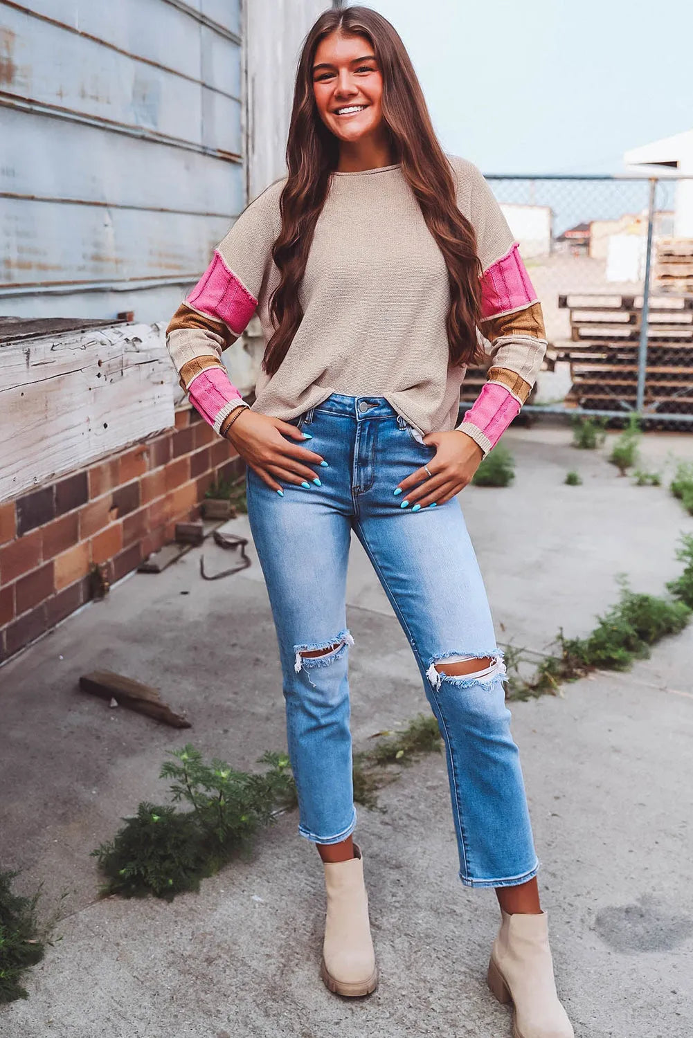 Simply Taupe Colorblock Exposed Seam Round Neck Sweater - Chic Meadow Boutique 