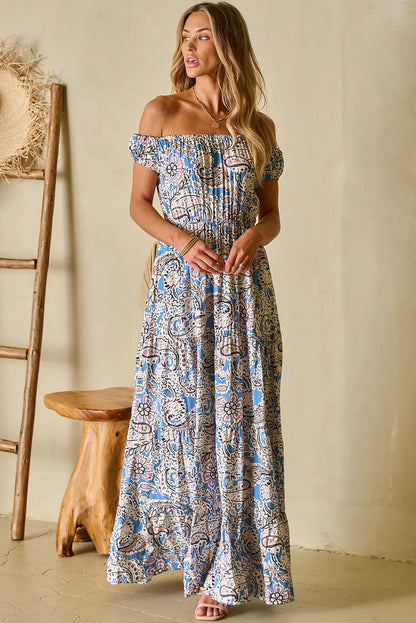 Blue Boho Paisley Print Off Shoulder Maxi Dress - Chic Meadow Boutique 