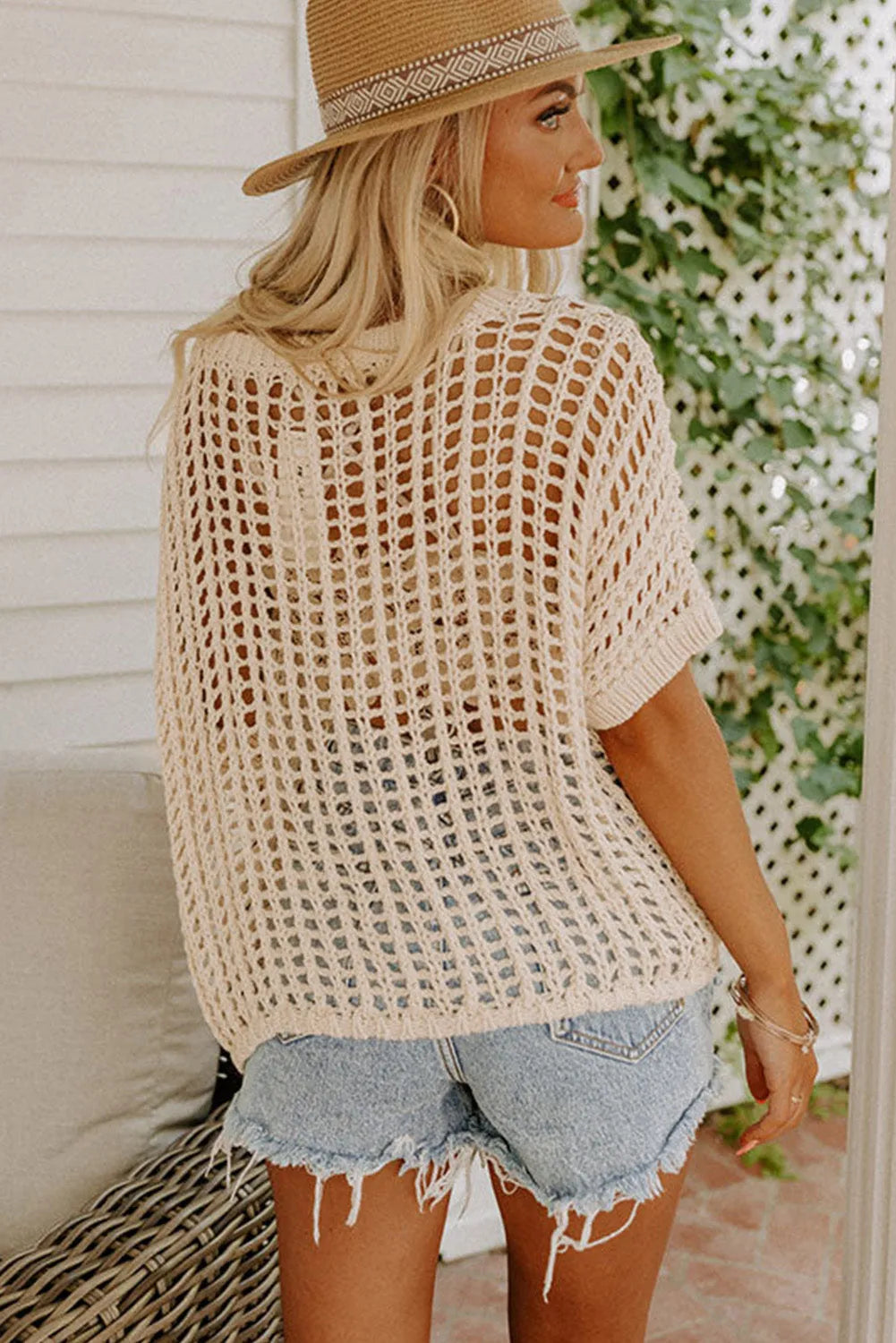 Tops/Short Sleeve Sweaters Apricot Fishnet Knit Ribbed Round Neck Short Sleeve Sweater Tee