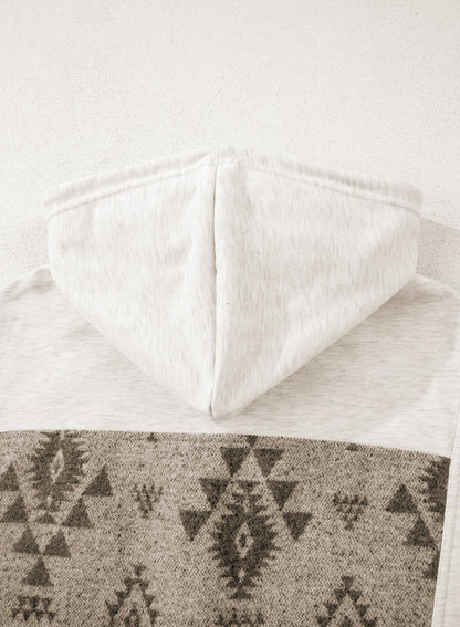 Gray Western Aztec Print Color Block Patchwork Drawstring Hooded Shacket