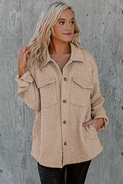 Khaki Retro Quilted Flap Pocket Button Shacket - Chic Meadow Boutique 