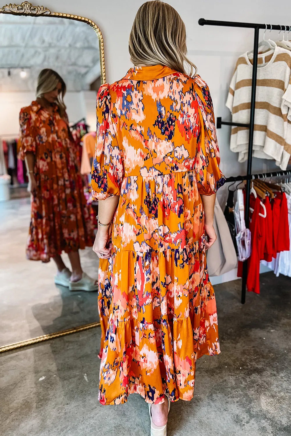 Orange Abstract Print Pleated Half Sleeve Buttoned Maxi Dress - Chic Meadow Boutique 