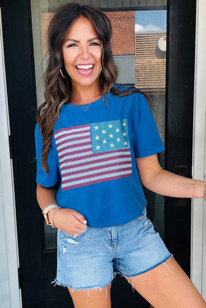 Real Teal American Flag Pattern Crewneck Tee