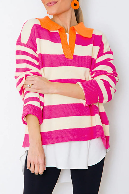 Rose Stripe Color Block Collared V Neck Drop Shoulder Sweater - Chic Meadow Boutique 